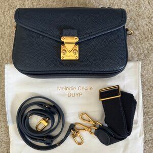 Mélodie Cécile Navy Leather Crossbody Bag with Gold Hardware